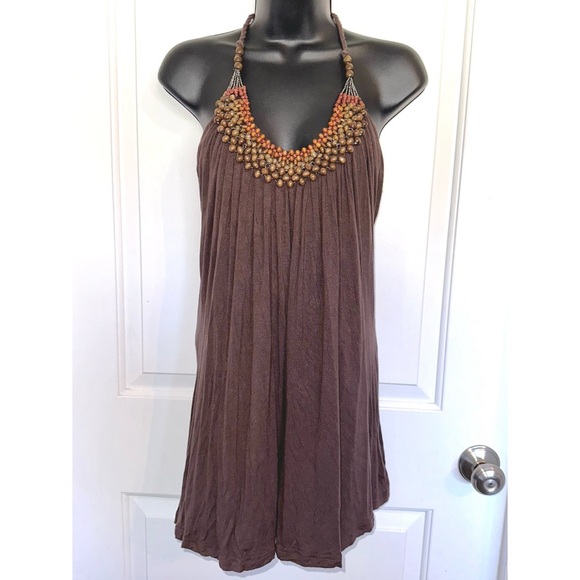 Vanity Brown Halter Top with Beaded Neckline - Picture 1 of 5